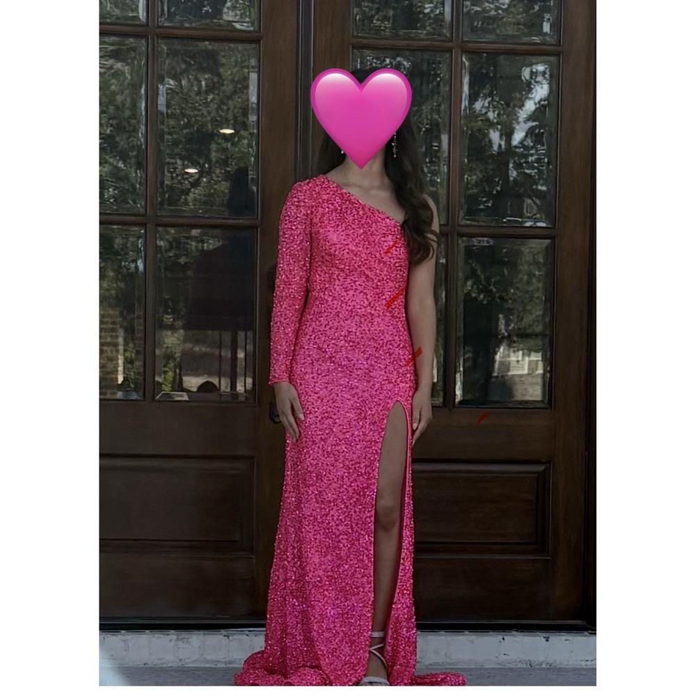 Formal Prom Dress Hot Pink Gown One Sleeve Sequins Size 00 Ashley Lauren